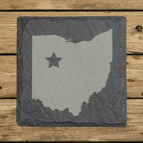 Ohio square slate coaster engraved with the state shape and a star