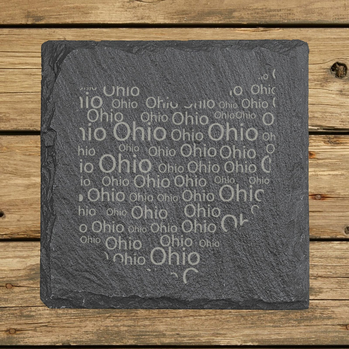 Ohio square slate coaster engraved with a word cloud of repeating Ohio text