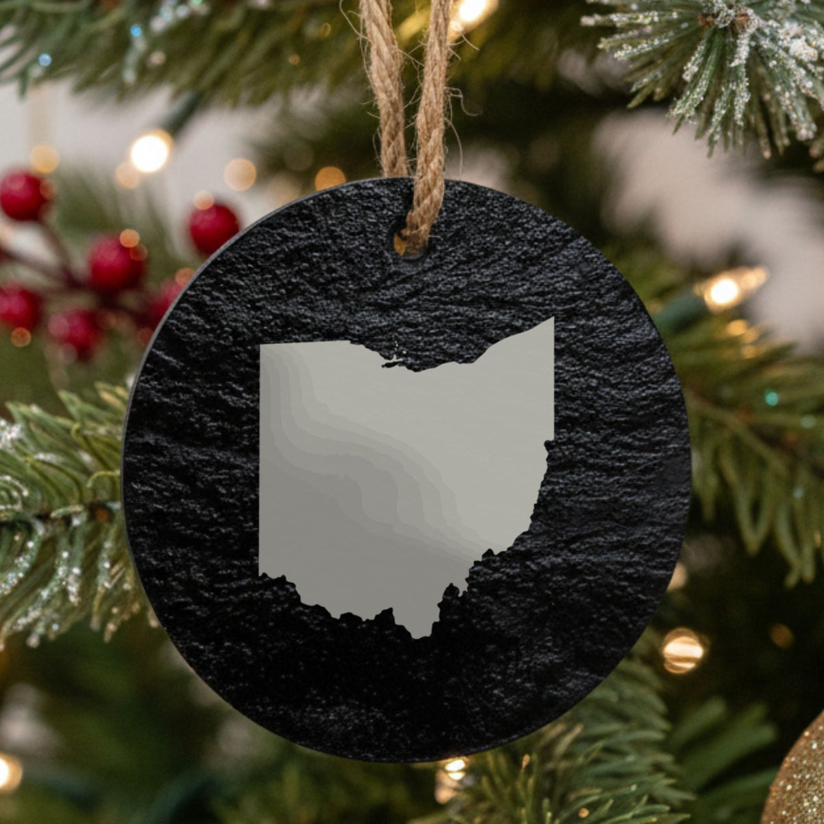 Ohio round slate Christmas ornament with the full state shape engraved