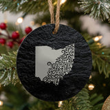 Ohio round slate Christmas ornament engraved with the state shape in ornate floral scrollwork