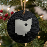 Ohio round slate Christmas ornament engraved with the state shape and a heart