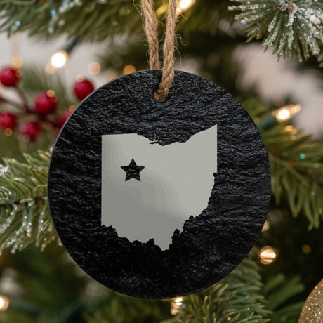 Ohio round slate Christmas ornament engraved with the state shape and a star
