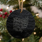 Ohio round slate Christmas ornament engraved with a word cloud of repeating Ohio text