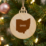 Ohio round wood Christmas ornament engraved with the state shape and OHIO in bold lettering