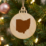 Ohio round wood Christmas ornament with the full state shape engraved