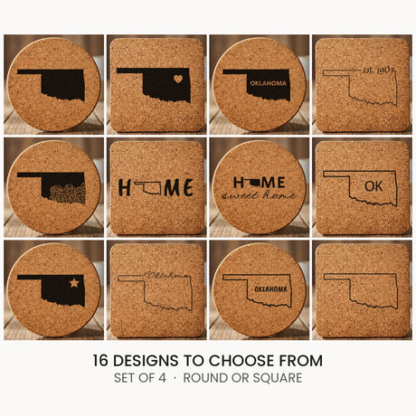 Oklahoma cork coaster set, laser engraved natural cork