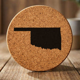 Oklahoma round cork coaster with the full state shape engraved