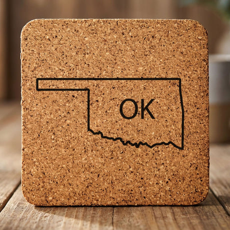 Oklahoma square cork coaster engraved with the state outline and OK initials