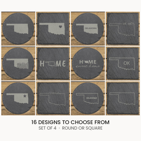 Oklahoma slate coaster set, laser engraved natural stone