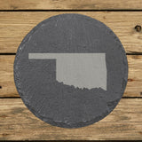 Oklahoma round slate coaster with the full state shape engraved