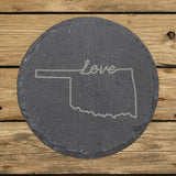 Oklahoma round slate coaster engraved with a hand-drawn state outline and love in cursive