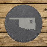 Oklahoma round slate coaster engraved with the state shape and a heart