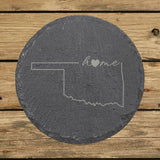 Oklahoma round slate coaster engraved with the state outline and home in script with a heart