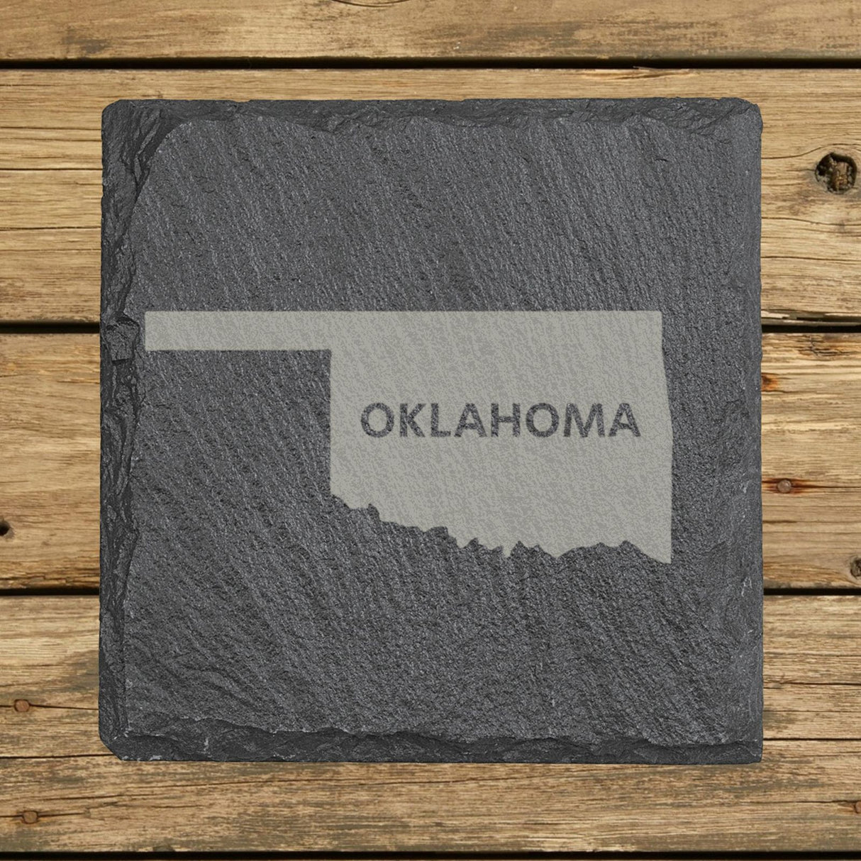 Oklahoma square slate coaster engraved with the state shape and OKLAHOMA in bold lettering