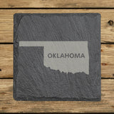 Oklahoma square slate coaster engraved with the state shape and OKLAHOMA in bold lettering