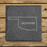 Oklahoma square slate coaster engraved with the state outline and OKLAHOMA in hand-drawn brush lettering