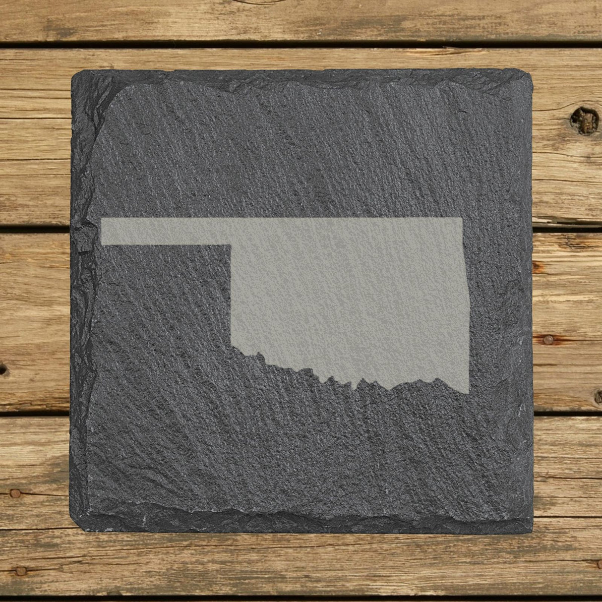 Oklahoma square slate coaster with the full state shape engraved
