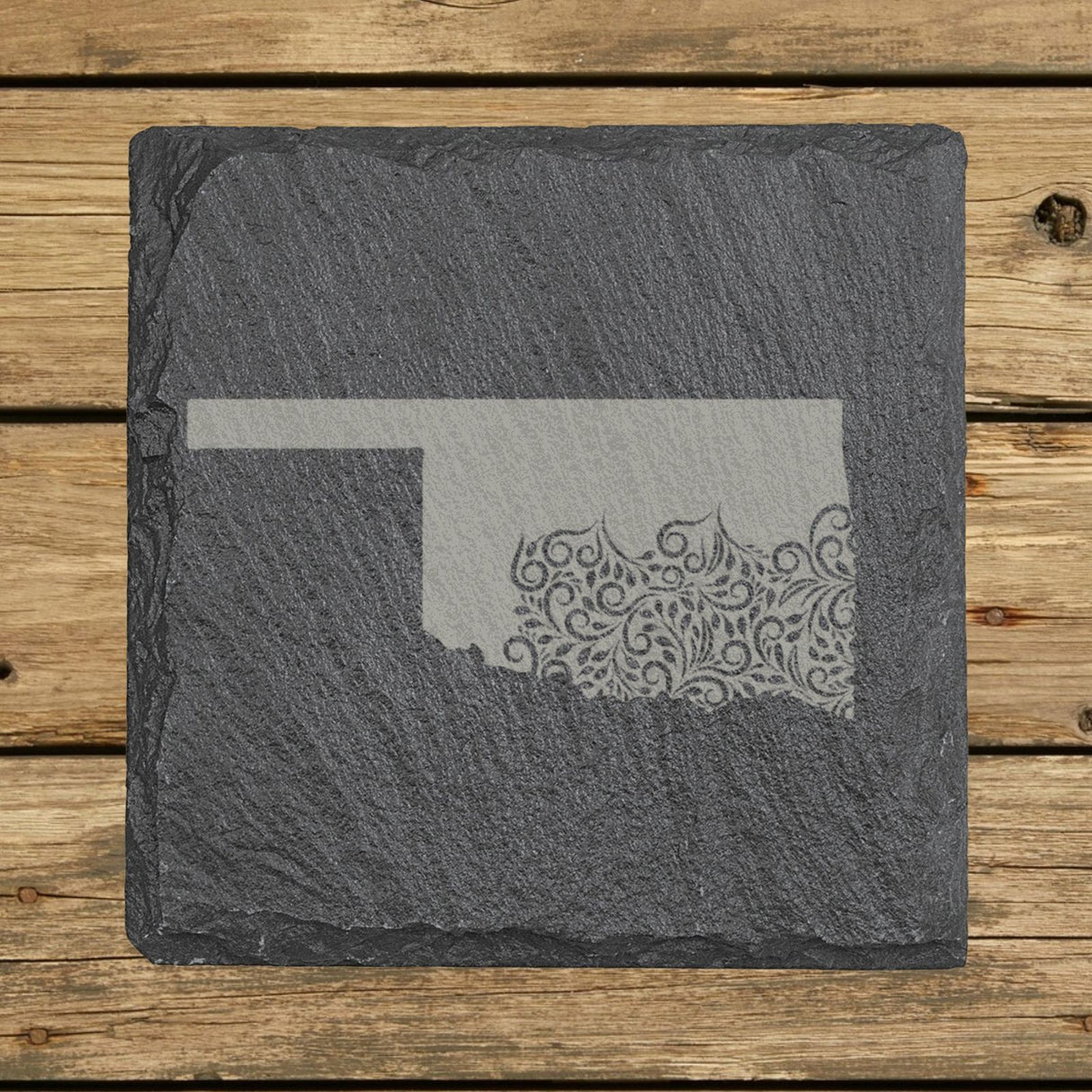 Oklahoma square slate coaster engraved with the state shape in ornate floral scrollwork