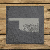 Oklahoma square slate coaster engraved with the state shape in ornate floral scrollwork