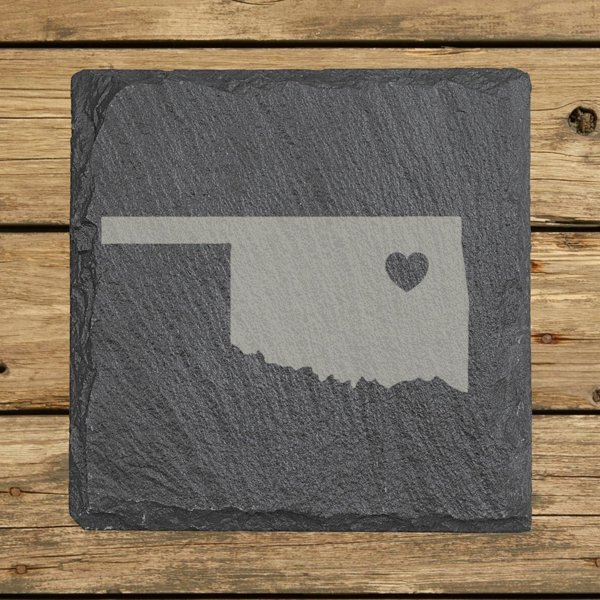 Oklahoma square slate coaster engraved with the state shape and a heart