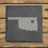 Oklahoma square slate coaster engraved with the state shape and a heart