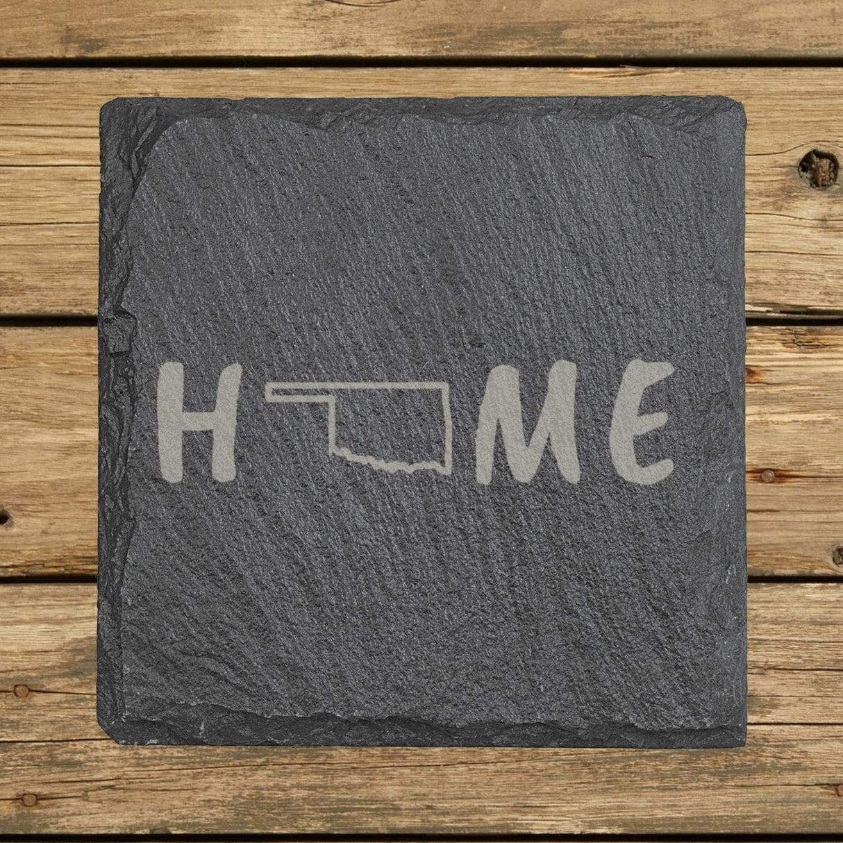 Oklahoma square slate coaster engraved with HOME using the state outline as the letter O