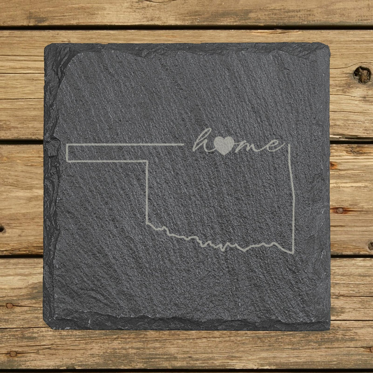 Oklahoma square slate coaster engraved with the state outline and home in script with a heart