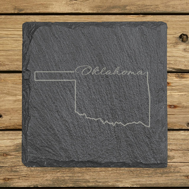Oklahoma square slate coaster engraved with the state outline and Oklahoma in script lettering
