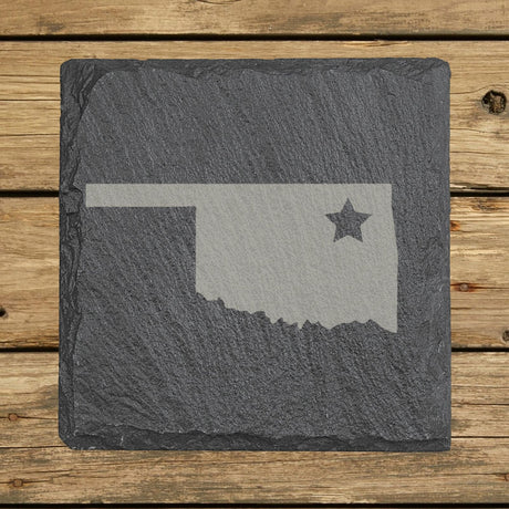 Oklahoma square slate coaster engraved with the state shape and a star