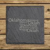 Oklahoma square slate coaster engraved with a word cloud of repeating Oklahoma text