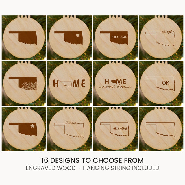 Oklahoma wood Christmas ornament, laser engraved natural wood