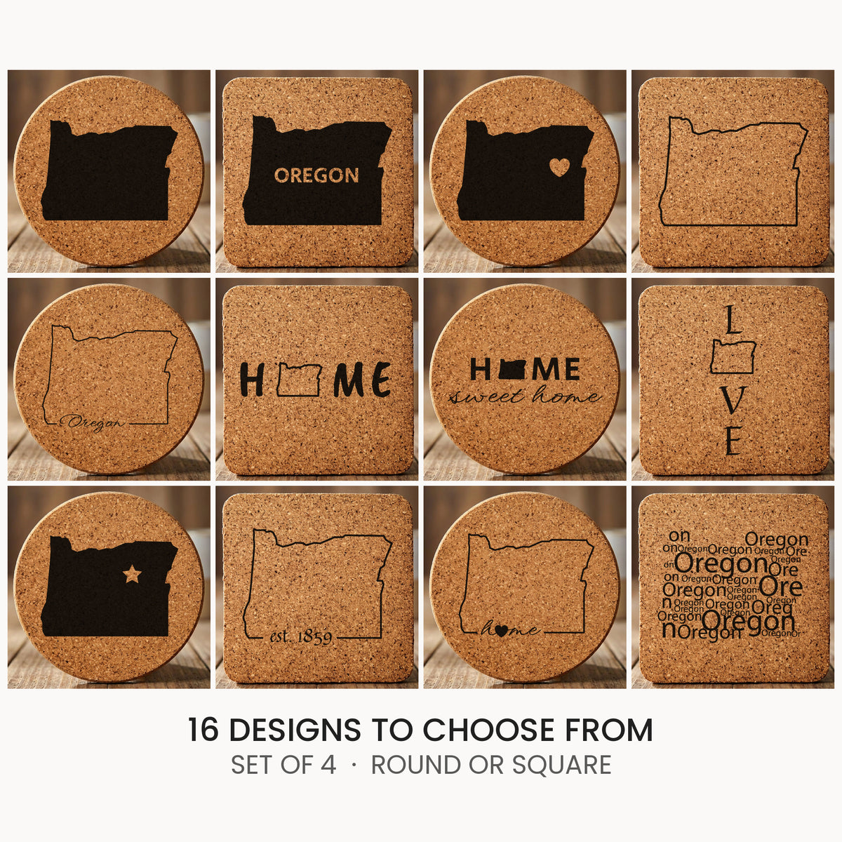 Oregon cork coaster set, laser engraved natural cork