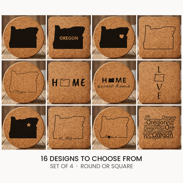 Oregon cork coaster set, laser engraved natural cork