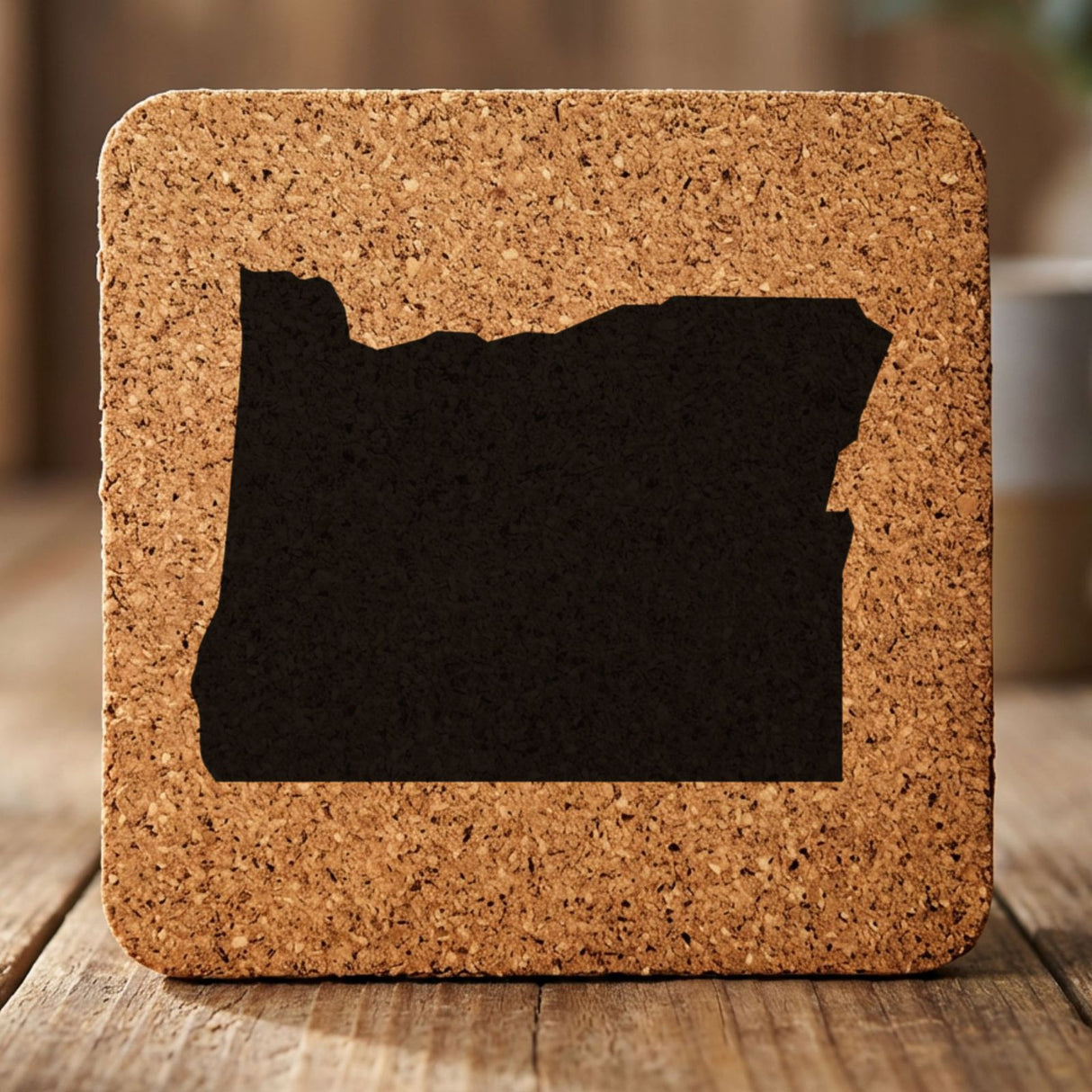Oregon square cork coaster with the full state shape engraved