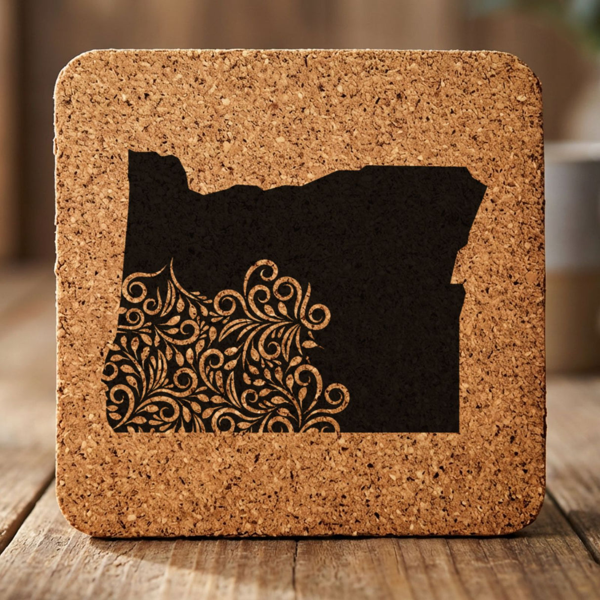 Oregon square cork coaster engraved with the state shape in ornate floral scrollwork