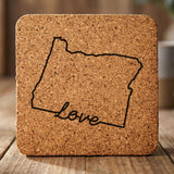 Oregon square cork coaster engraved with a hand-drawn state outline and love in cursive
