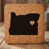 Oregon square cork coaster engraved with the state shape and a heart