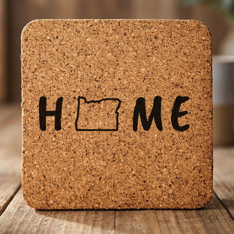 Oregon square cork coaster engraved with HOME using the state outline as the letter O