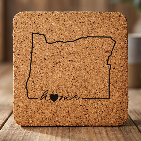 Oregon square cork coaster engraved with the state outline and home in script with a heart