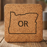 Oregon square cork coaster engraved with the state outline and OR initials