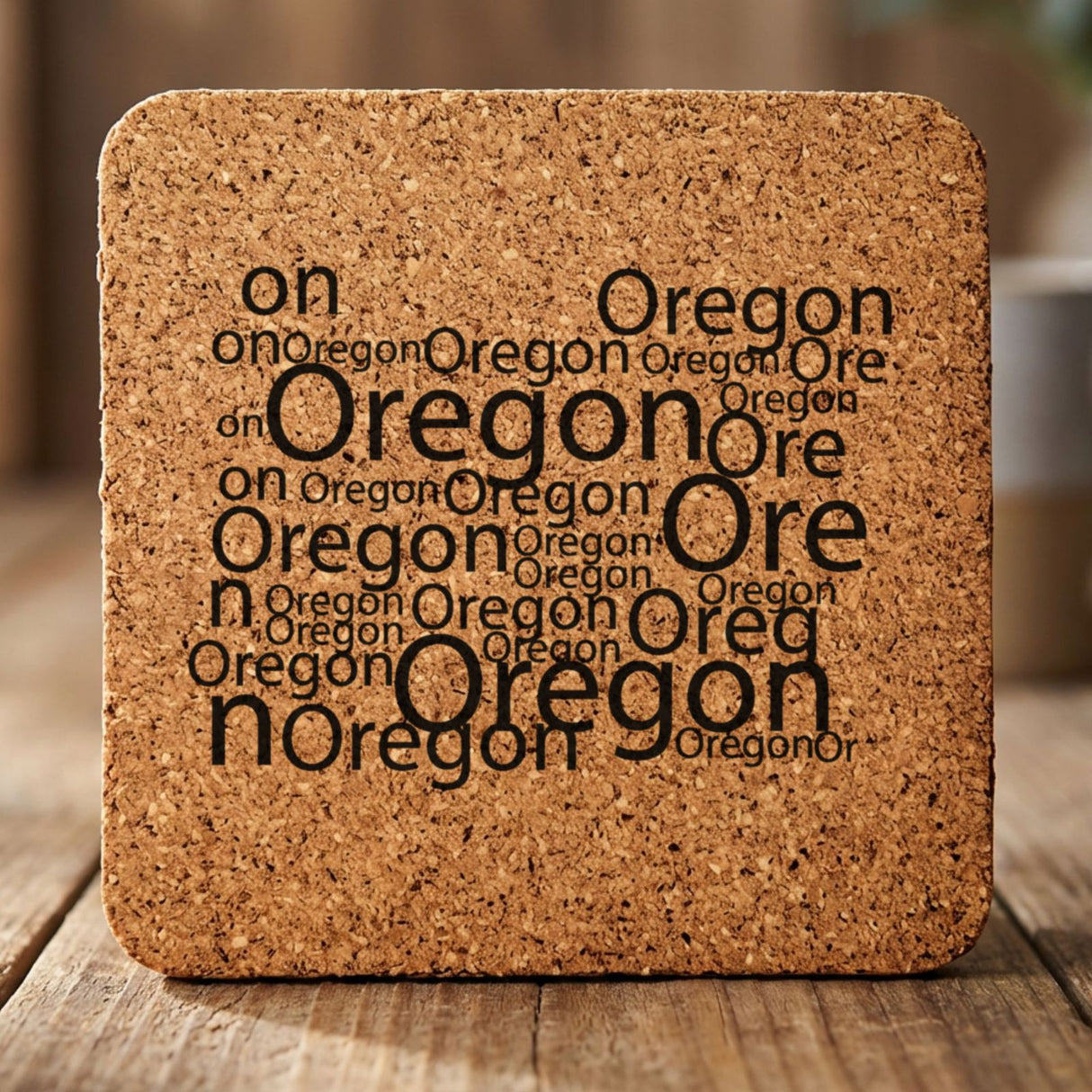 Oregon square cork coaster engraved with a word cloud of repeating Oregon text