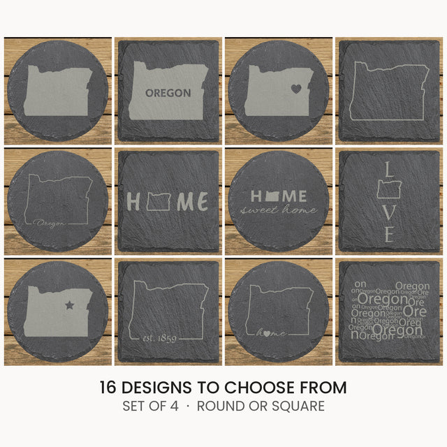 Oregon slate coaster set, laser engraved natural stone