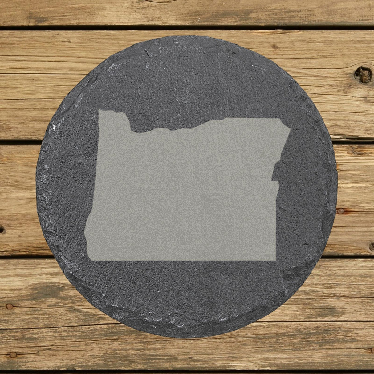 Oregon round slate coaster with the full state shape engraved