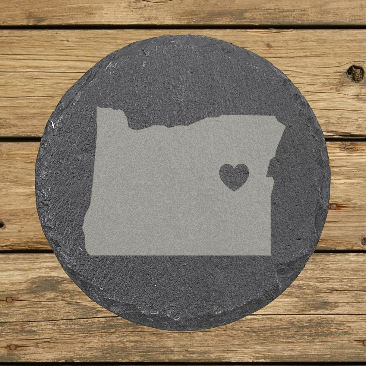 Oregon round slate coaster engraved with the state shape and a heart