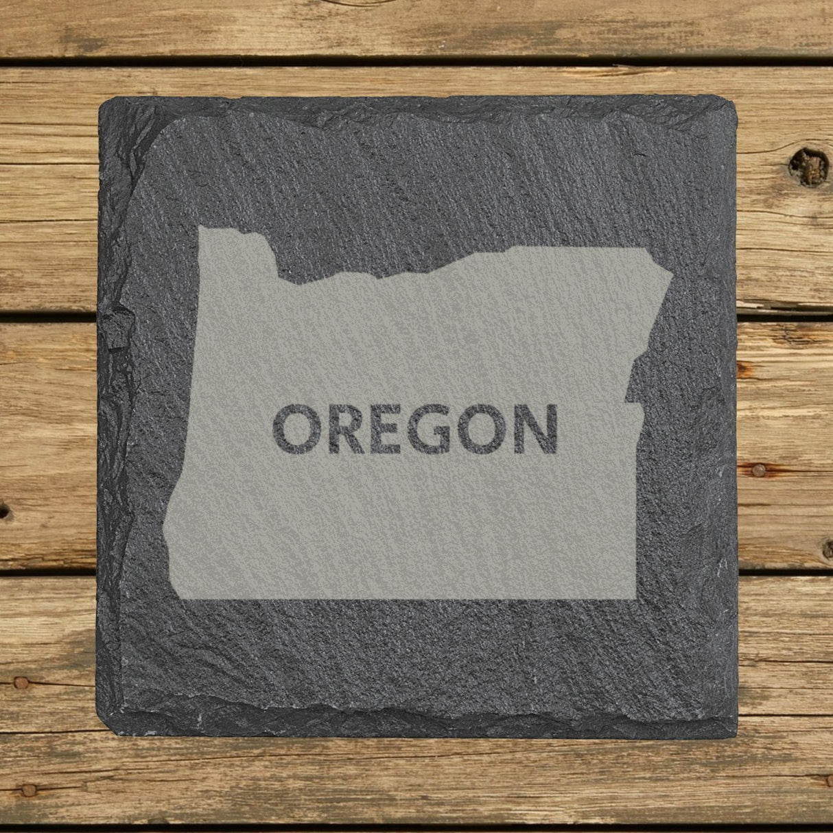Oregon square slate coaster engraved with the state shape and OREGON in bold lettering