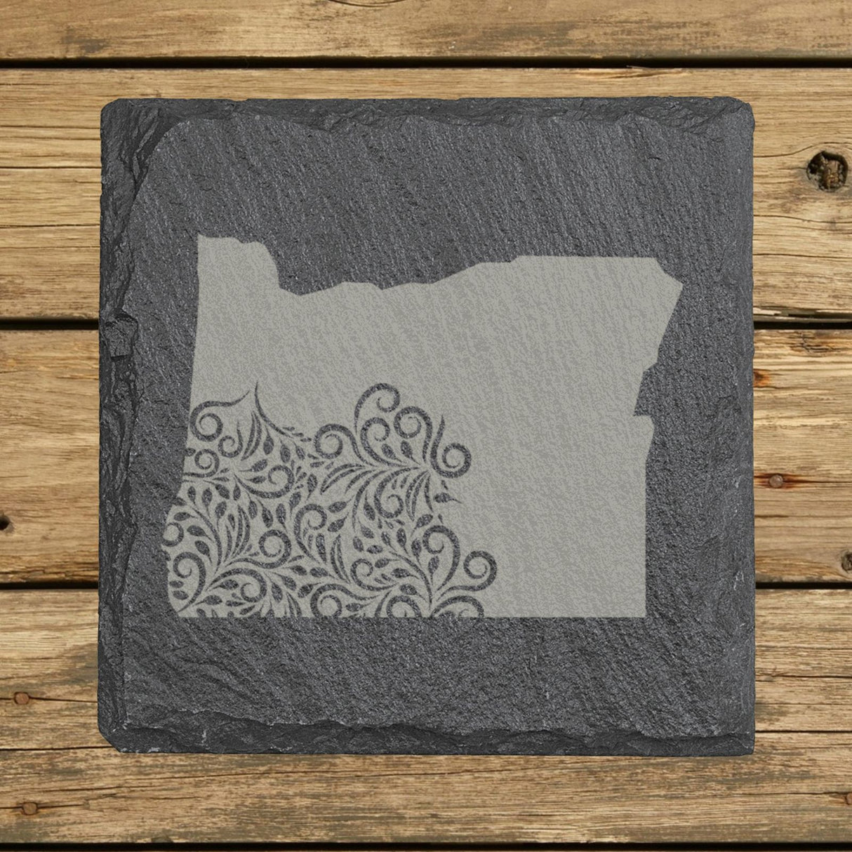 Oregon square slate coaster engraved with the state shape in ornate floral scrollwork