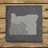 Oregon square slate coaster engraved with the state shape in ornate floral scrollwork