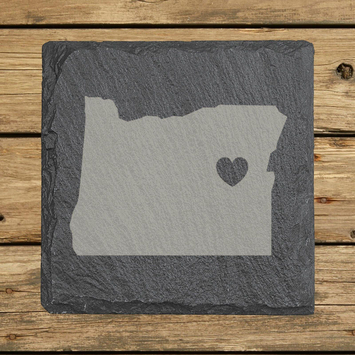 Oregon square slate coaster engraved with the state shape and a heart