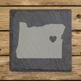 Oregon square slate coaster engraved with the state shape and a heart