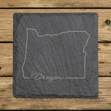 Oregon square slate coaster engraved with the state outline and Oregon in script lettering